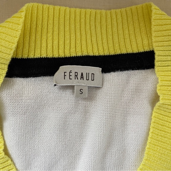 Vtg Louis Feraud White Knit Yellow Accented V Neck Cinch Waist S - Picture 3 of 6